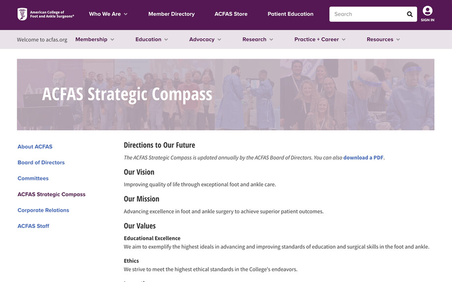 Screenshot of https://www.acfas.org/who-we-are/acfas-strategic-compass: ACFAS Strategic Compass. Simple content with headings and supporting text.