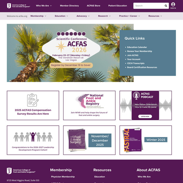 Screenshot of https://acfas.org: A medical association information site with a purple, blue, and pink color-scheme, and blocky, overlapping elements.