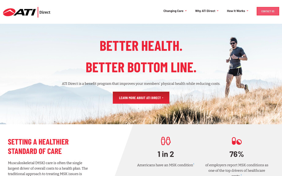 Screenshot of homepage of https://ptfirst.com. A physical therapy provider's website featuring sharp design, and a focus on patient outcomes and statistics.