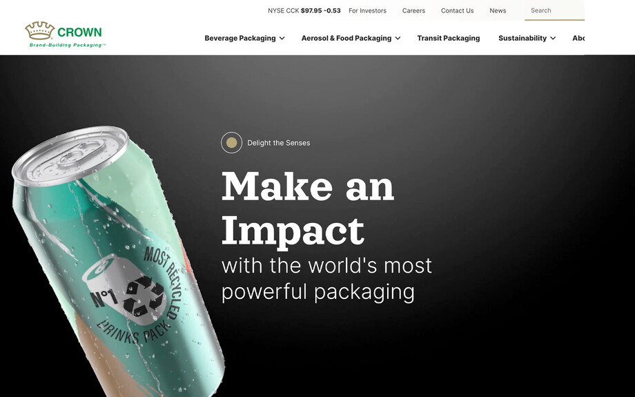 Screenshot of crowncork.com. Colorized aluminum can with text: Make an impact with the world's most powerful packaging