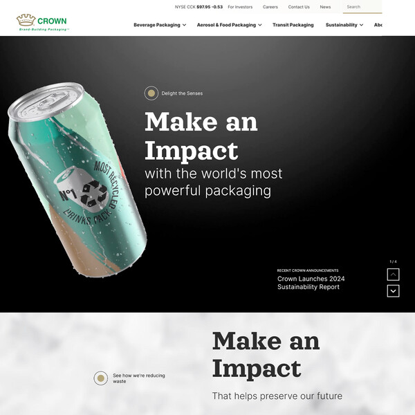 Screenshot of crowncork.com. Plain, undecorated aluminum can with text: Make an impact impossible to ignore