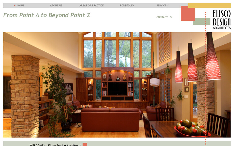 Screenshot of the homepage of https://eliscodesign.com taken on August 14th 2025. Large photo of a well designed home, with navigation and logo across the top of the page, and two columns of text below the image.