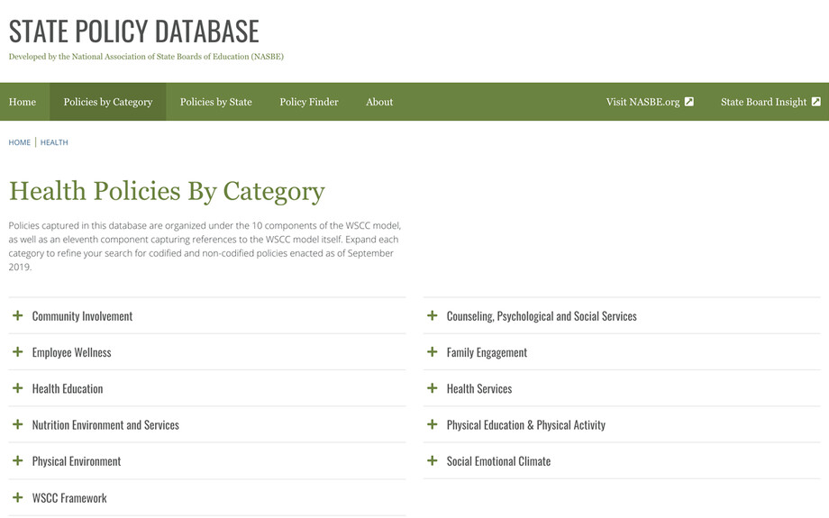 Screenshot of the By Categories page of https://statepolicies.nasbe.org taken on December 15th 2024. A listing of policy categories, and their sub-categories.
