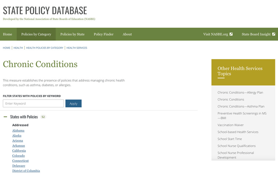 Screenshot of the Chronic Conditions Category page of https://statepolicies.nasbe.org taken on December 15th 2024. Lists states by whether or not they have relevant policies.