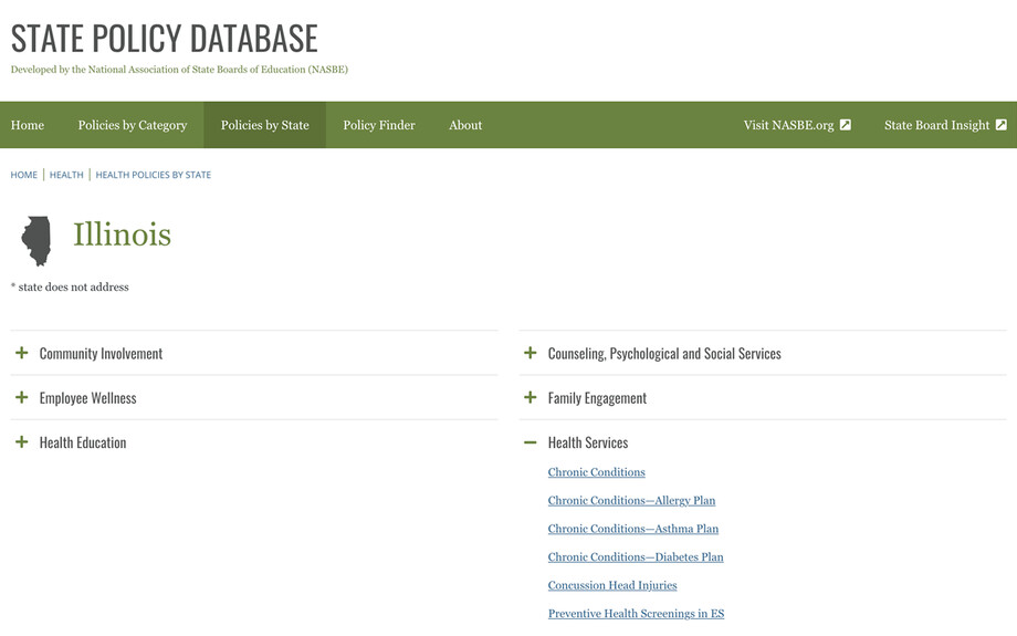 Screenshot of the Illinois page of https://statepolicies.nasbe.org taken on December 15th 2024. Lists all categories and sub-categories of policies in Illinois.