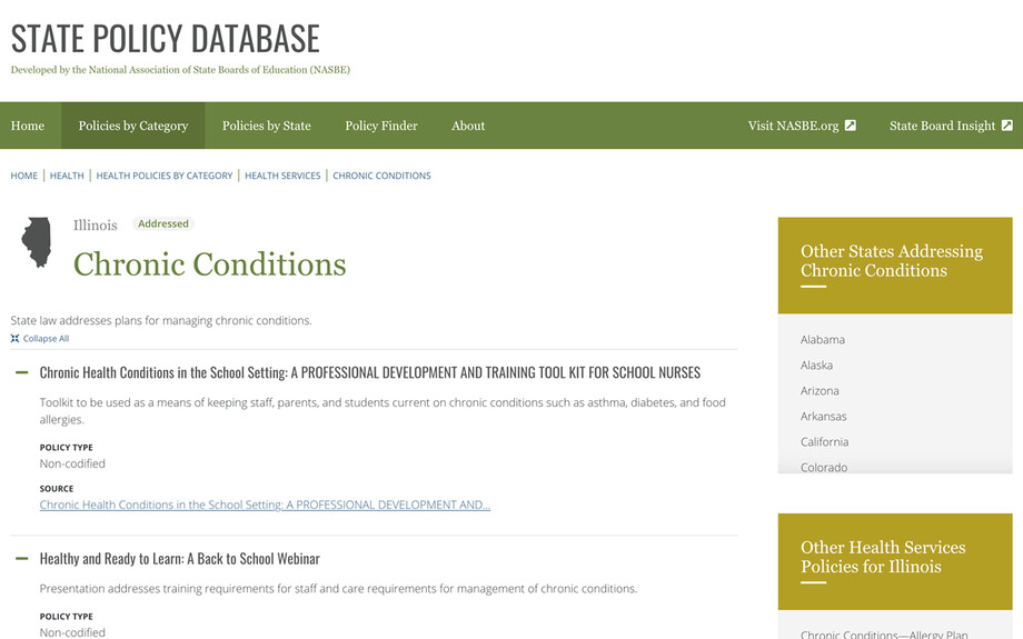 Screenshot of the Illinois - Chronic Conditions Category page of https://statepolicies.nasbe.org taken on December 15th 2024. Displays a detailed list of policies for the category and state.