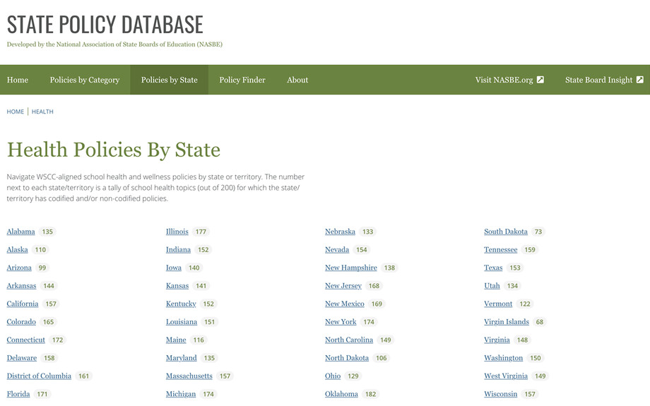 Screenshot of the By State page of https://statepolicies.nasbe.org taken on December 15th 2024. A listing of US states and categories, with a number indicating how many policies in each.