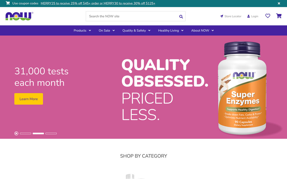 Screenshot of homepage of nowfoods.com. An eCommerce site for a company that makes supplements and healthfood.