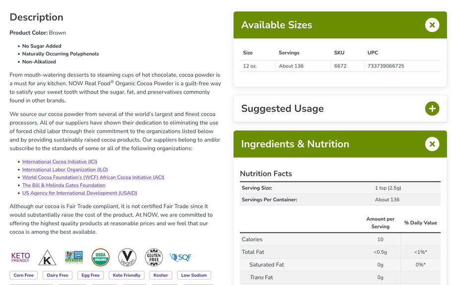 Screenshot of https://www.nowfoods.com/products/natural-foods/hot-cocoa-organic. A Product detail page for organic hot cocoa. Includes detailed information about Hot Cocoa, including nutritional information, arranged in collapsible sections.