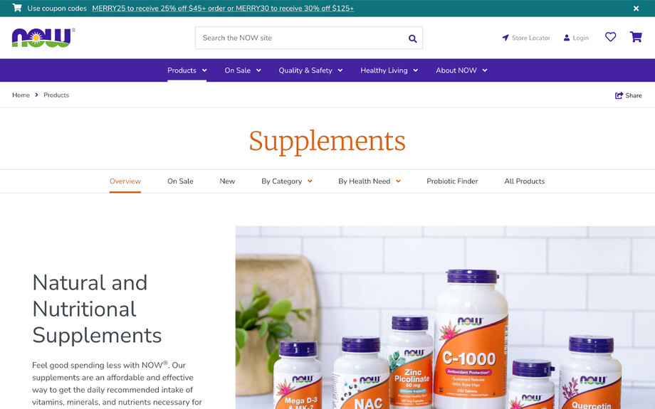 screenshot of https://www.nowfoods.com/products/supplements. Product overview page for natural and nutritional supplements