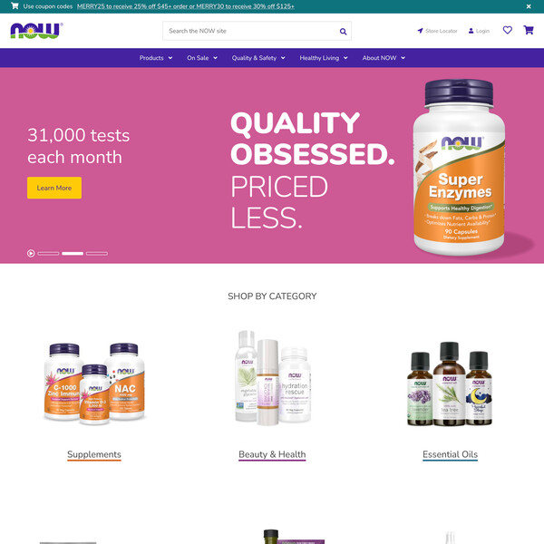Screenshot of homepage of nowfoods.com. An eCommerce site for a company that makes supplements and healthfood.