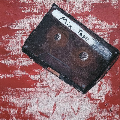 Acrylic painting of a cassette tape, with a peelingf label that reads: Mix Tape. The tape sits on a rough red background.