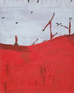 Acrylic painting, center 1/3 of three panels depicting sparse trees with leaves floating in a white sky above bright red rolling hills.